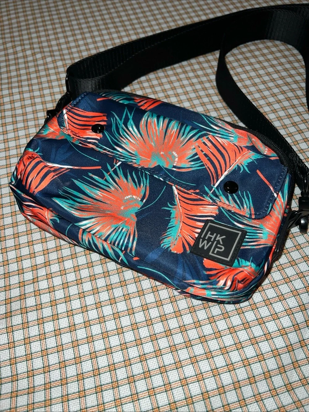 HKWP Navy Crossbody Bag with Coral & Teal Tropical Print